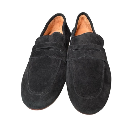 Quince Black Italian Suede Penny Loafer Size 7 EUC Stacked Wood Heel Like New - Picture 5 of 11